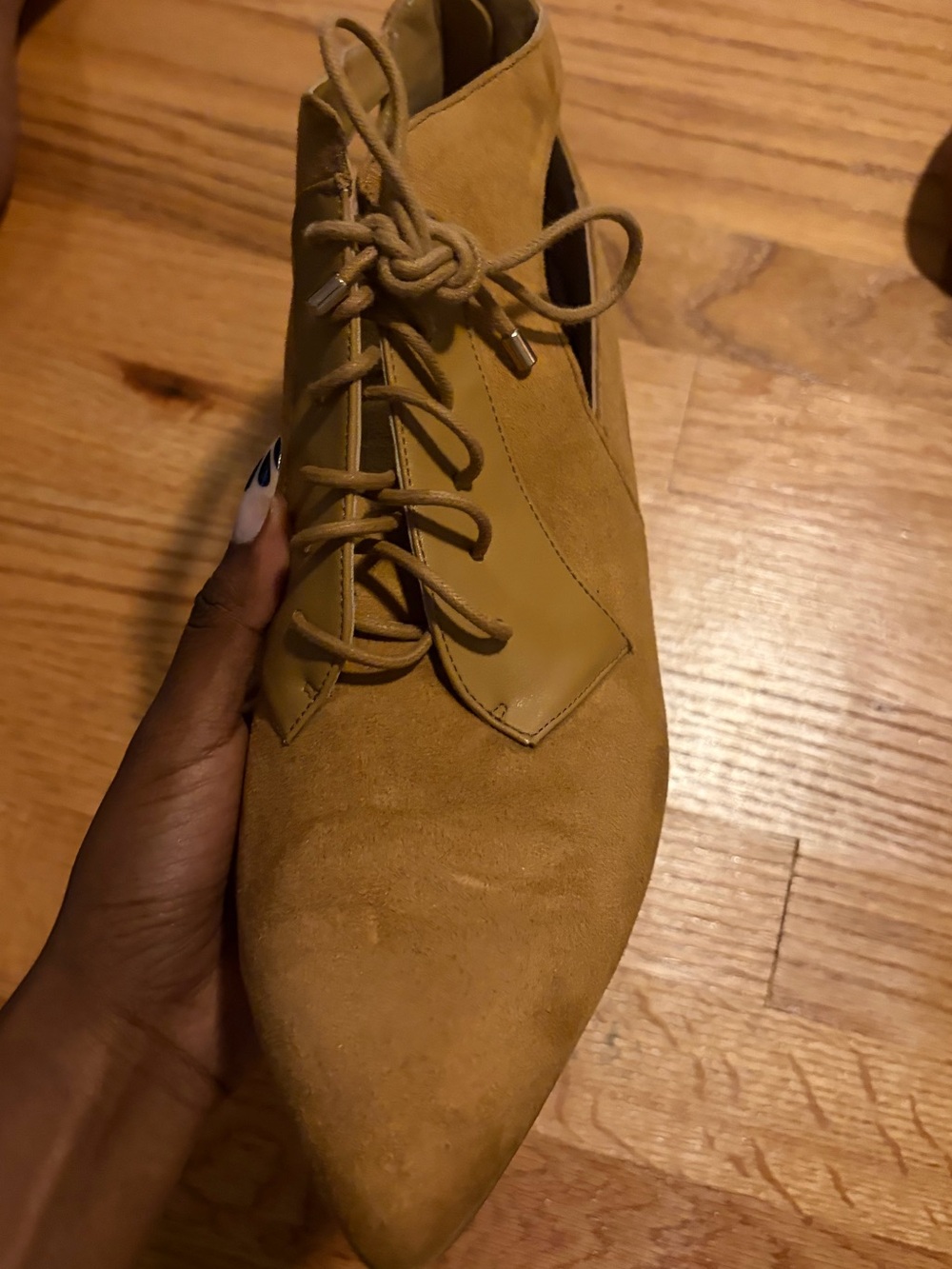 Pointed Toe Lace-Up Ankle Boot in Mustard Suede